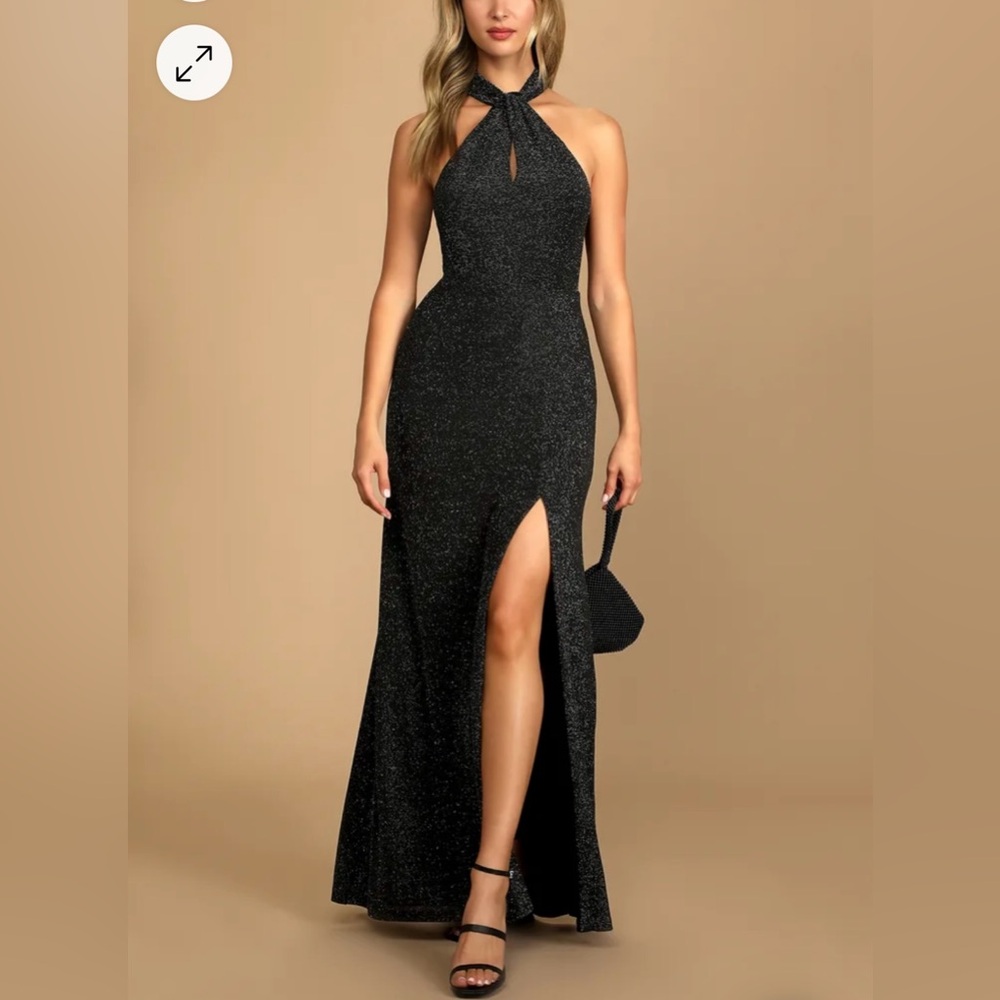 NWT Black Halter Sparkly Gown with Slit